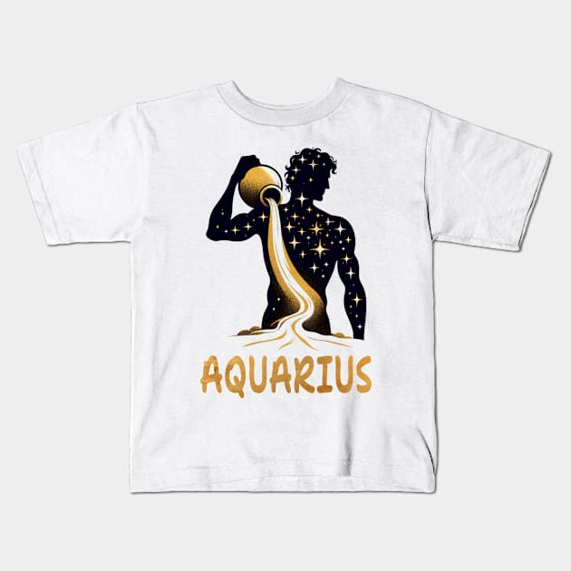 silhouettes golden Aquarius Zodiac Sign Astrology born January Birthday Aquarius Zodiac Horoscope February Birthday Kids T-Shirt by First Phenixs